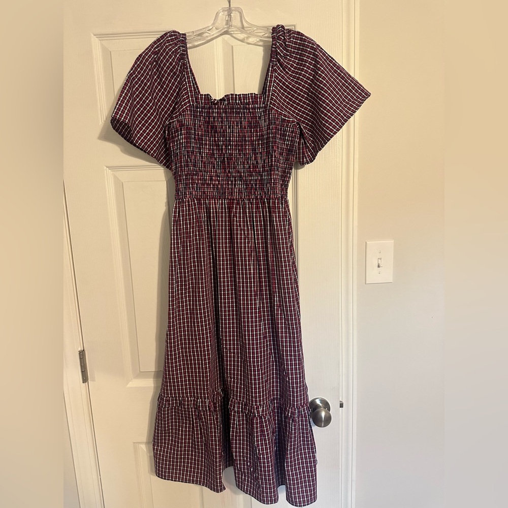 Draper James Burgundy and White Plaid Smocked Midi Dress